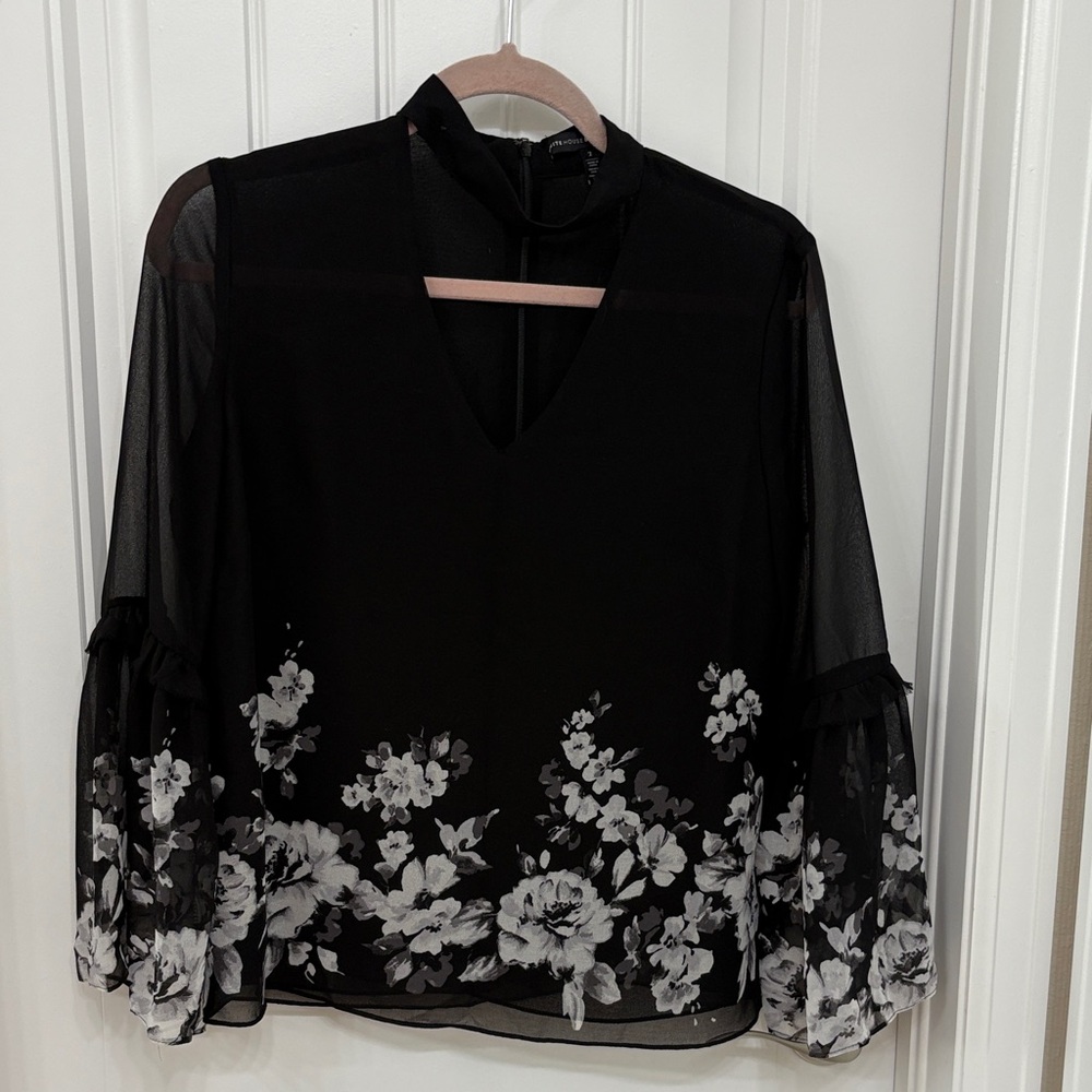 White House Black Market Black Sheer Floral Blouse